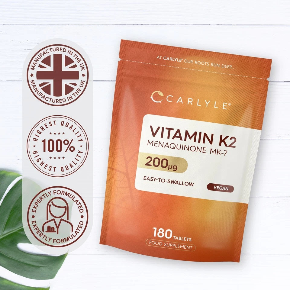 Carlyle Vitamin K2 MK-7, 200µg, 180 vegan tablets, food supplement.